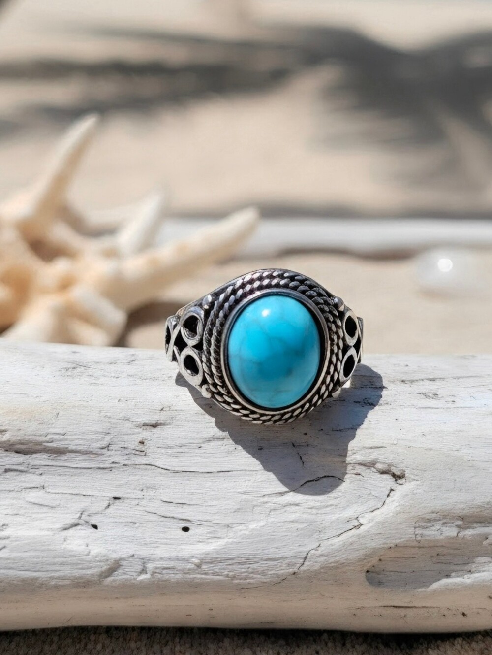 Turquoise Stone Sterling-Style Woman's Ring - Blue Size 7